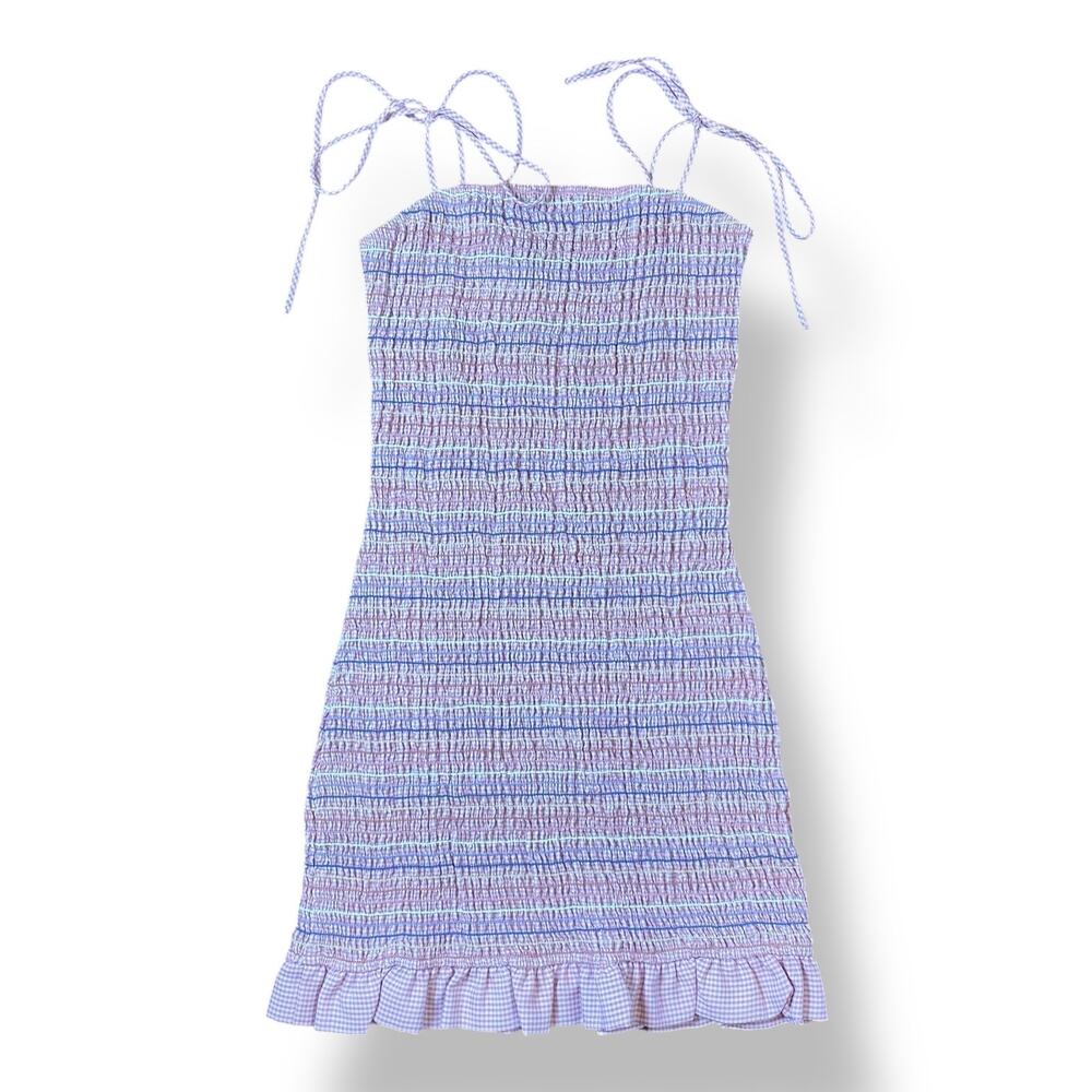 Storia Smocked Striped Gingham‎ Ruffled Mini Dress Size M Preppy Flirty